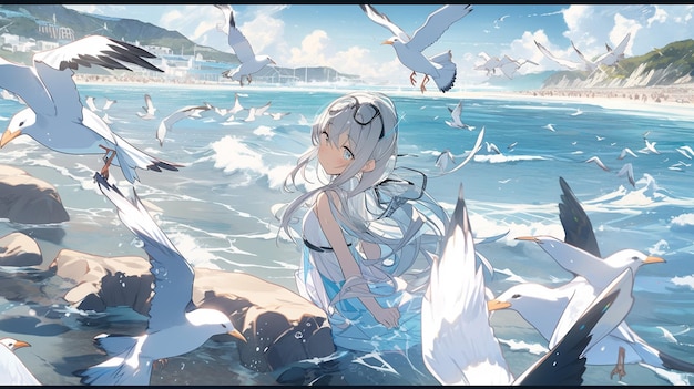 A girl in the sea with seagulls on her chest