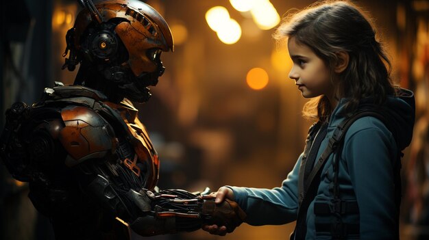 Girl shaking hands with a robot Generative Ai