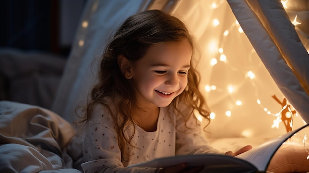 Girl share a tender moment reading under a cozy makeshift tent illuminated softly by ambient lights