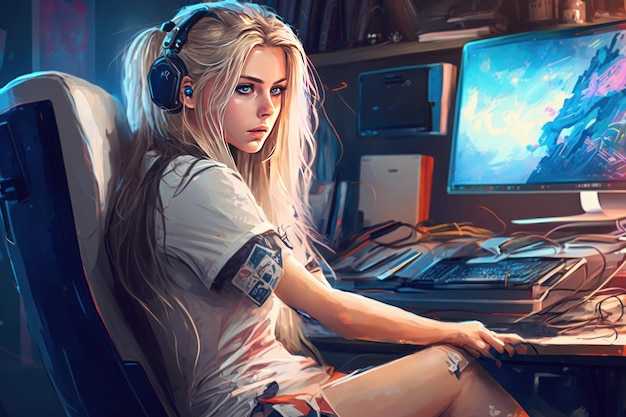 A girl in shorts and a white shirt in her game room Created with generative AI technology