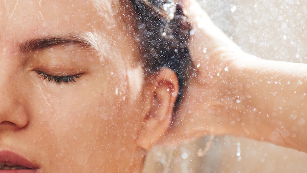 Girl in the shower under stream of water washes her hair, wet face close-up, enjoys eyes closed