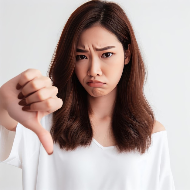 The girl shows her finger down isolated on white background