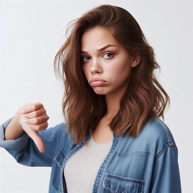 The girl shows her finger down isolated on white background