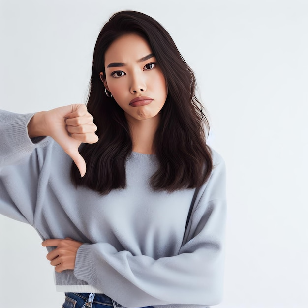 The girl shows her finger down isolated on white background