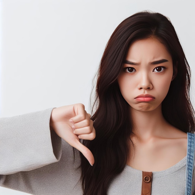 The girl shows her finger down isolated on white background