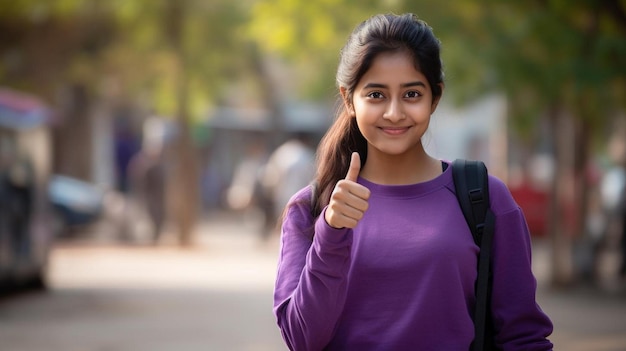 A girl shows a thumbs up to the camera.