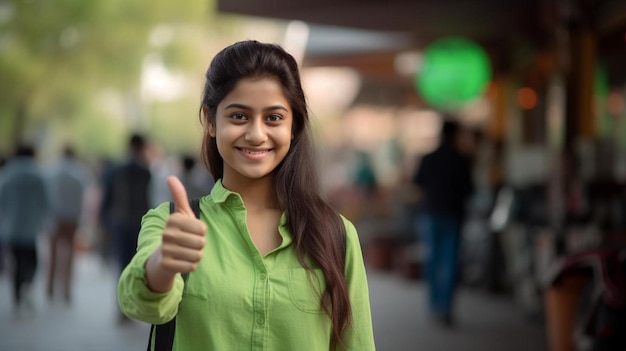 A girl shows a thumbs up sign with a green background.