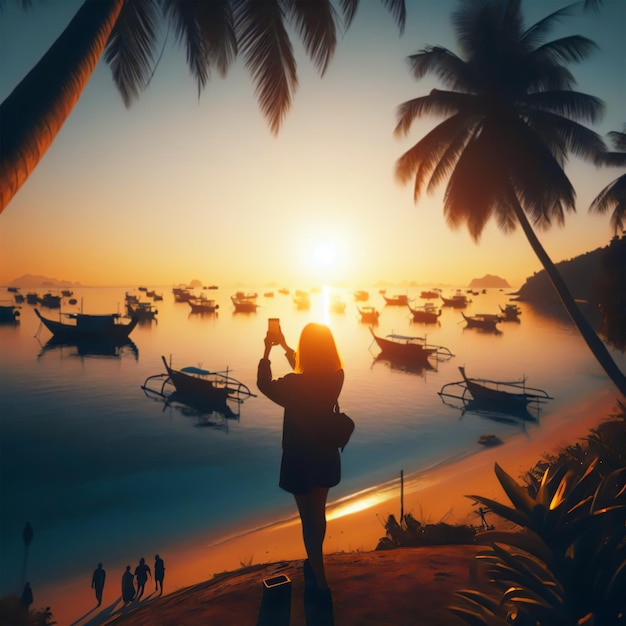 a girl sit on the top of the cliff to the beautiful offshore in Sunset view ai images background