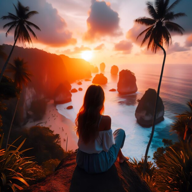 a girl sit on the top of the cliff to the beautiful offshore in Sunset view ai images background