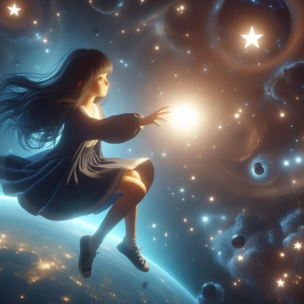 a girl siting in the sky with stars