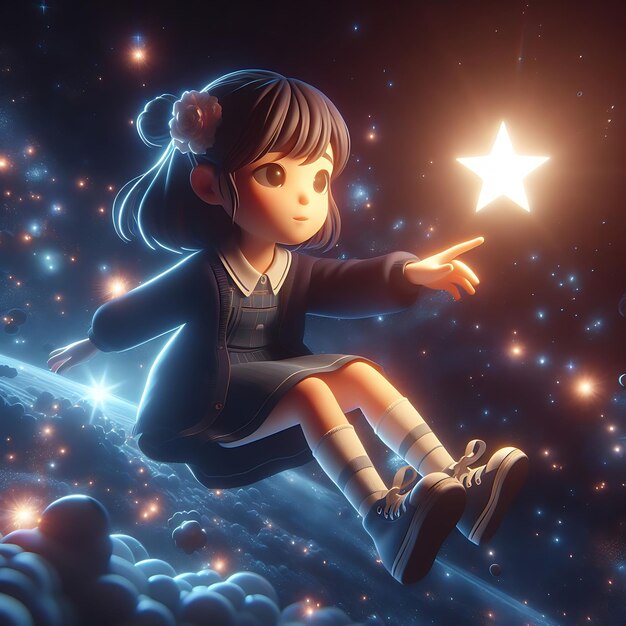 a girl siting in the sky with stars