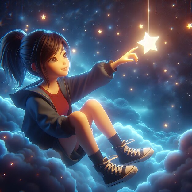 a girl siting in the sky with stars