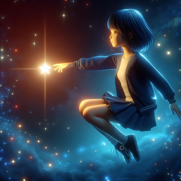 a girl siting in the sky with stars