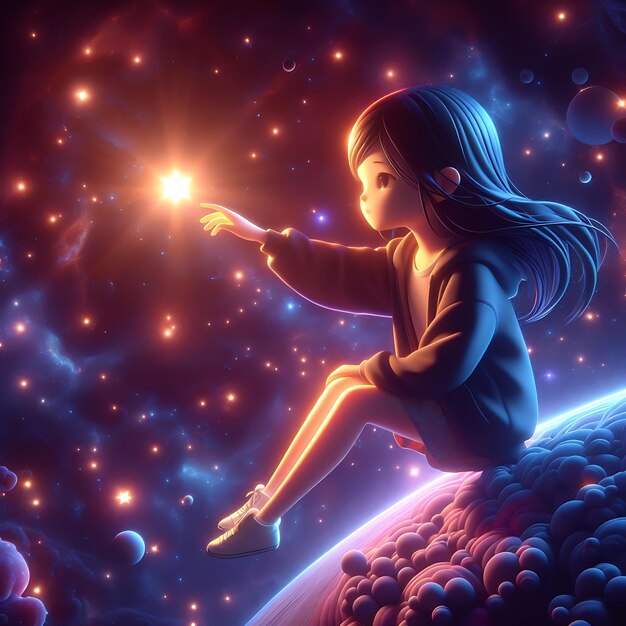 a girl siting in the sky with stars