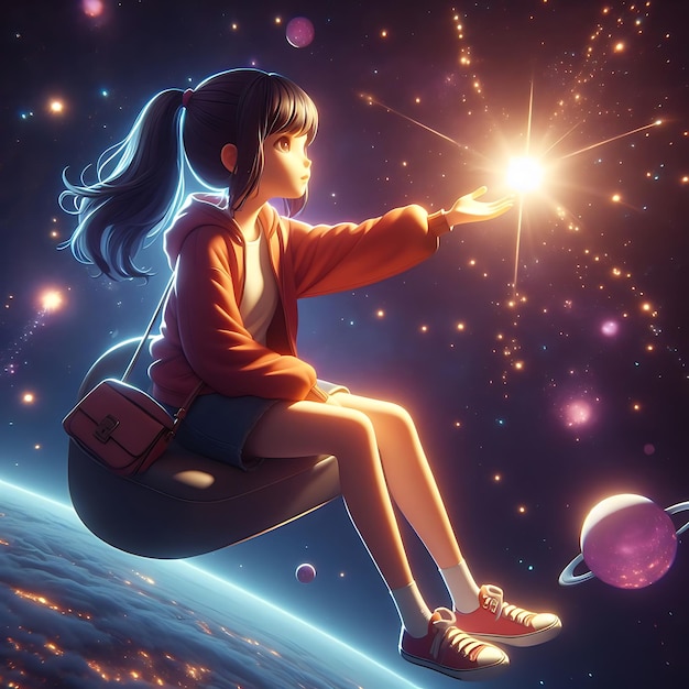 a girl siting in the sky with stars