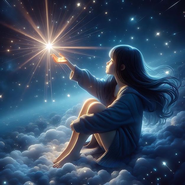 a girl siting in the sky with stars