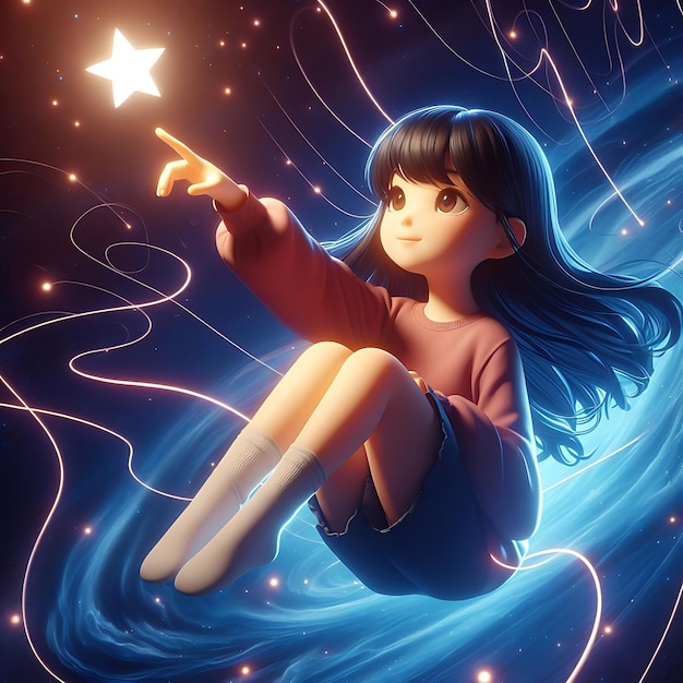 a girl siting in the sky with stars