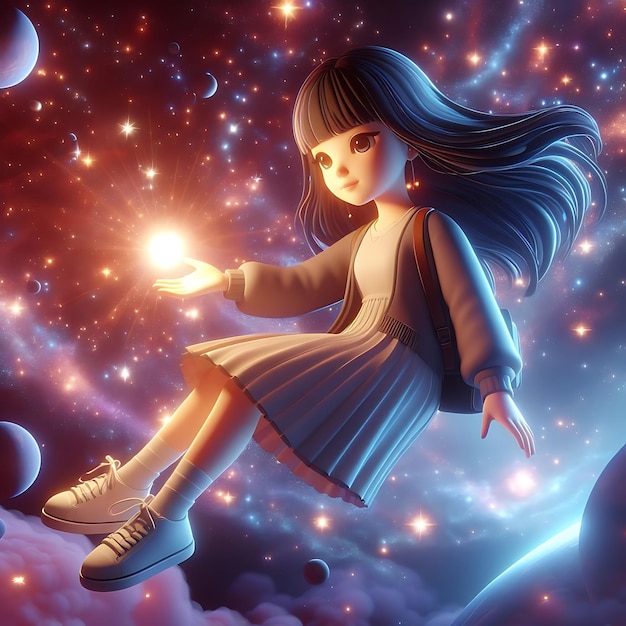 a girl siting in the sky with stars