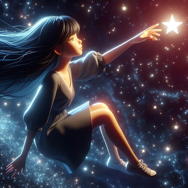 a girl siting in the sky with stars