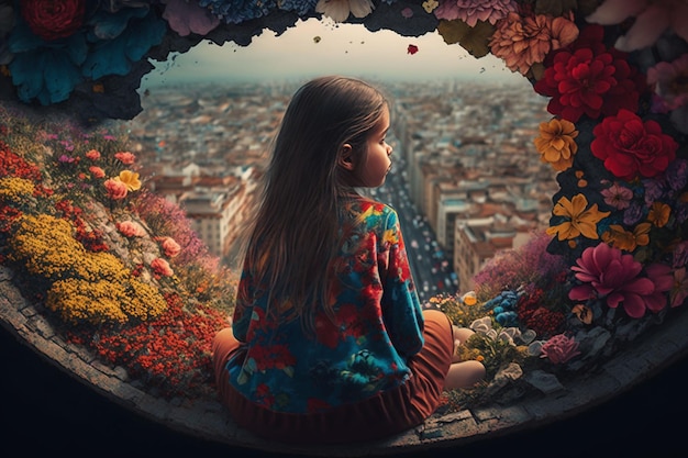 Photo a girl sits on a balcony looking at a cityscape.