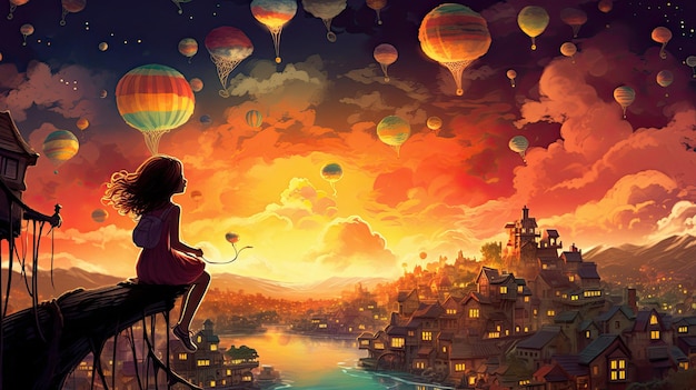 a girl sits on a balcony watching a colorful sky full of balloons.