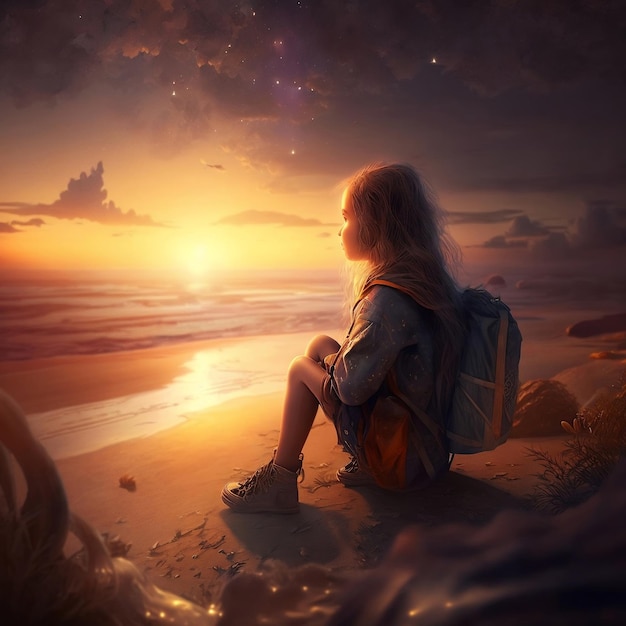 A girl sits on a beach looking at the sunset