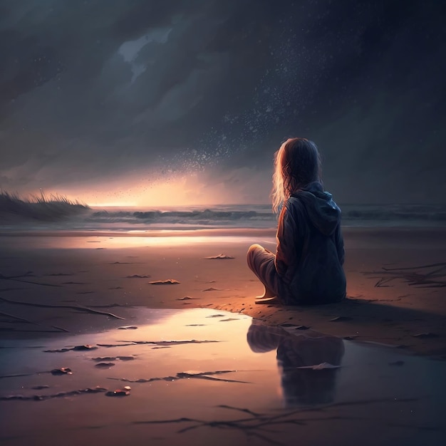 A girl sits on the beach and looks at the sky with the sun shining on her face.