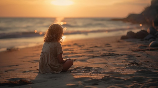 A girl sits on a beach at sunset