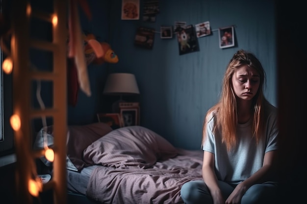 A girl sits on a bed in a dark room with a lamp hanging on the wall.