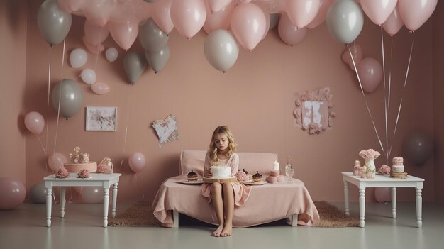 A girl sits on a bed in a room with balloons hanging from the ceiling.