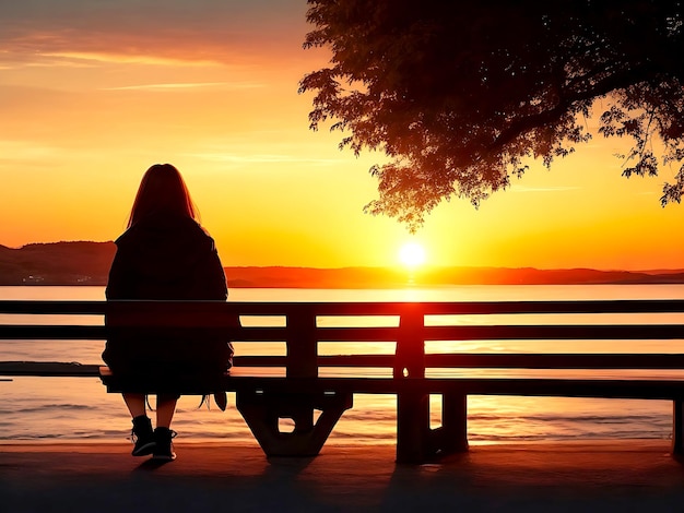 Premium AI Image | A girl sits on a bench in front of a sunset