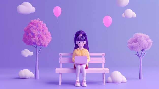 a girl sits on a bench with balloons in the background