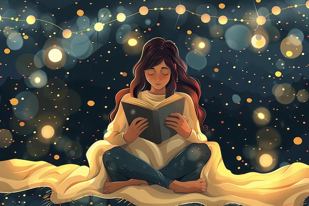 A girl sits under a blanket and reads a book background with stars and lights cartoon style