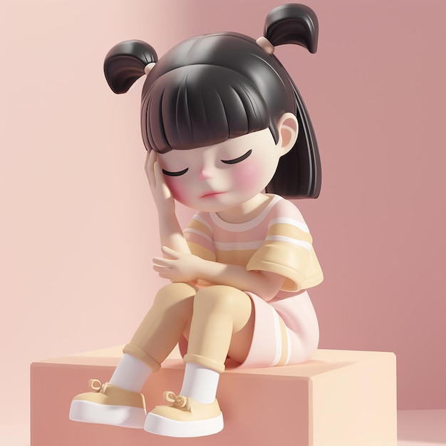 a girl sits on a box with her eyes closed