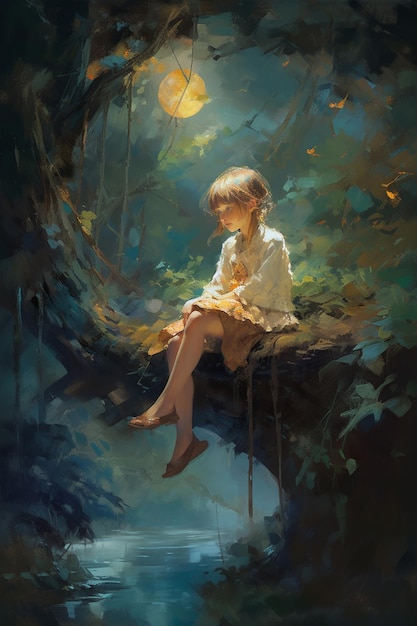 A girl sits on a branch in the dark