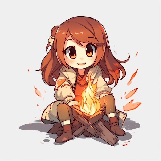 A girl sits by a campfire and sits next to her.