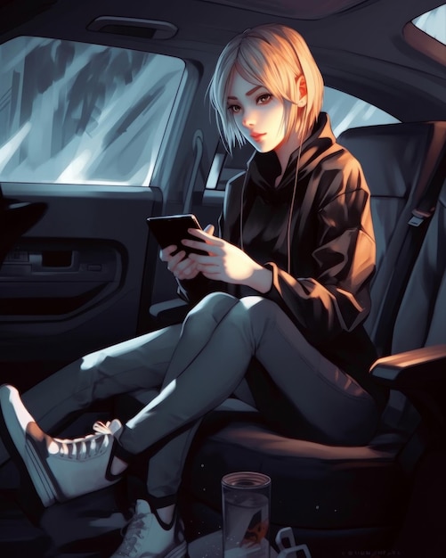 A girl sits in a car and reads a book on her phone.