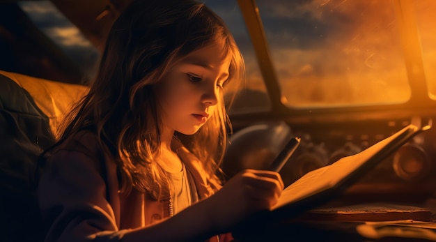 A girl sits in a car and reads a book.