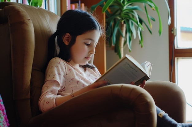 Girl sits in a chair and reads a book Book Day