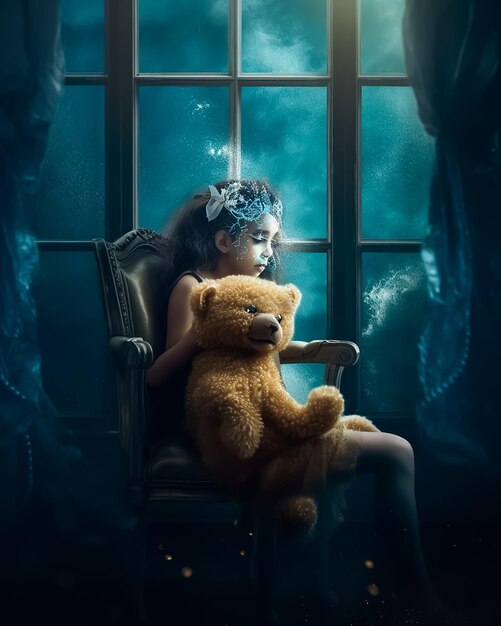 A girl sits in a chair with a teddy bear in front of a window
