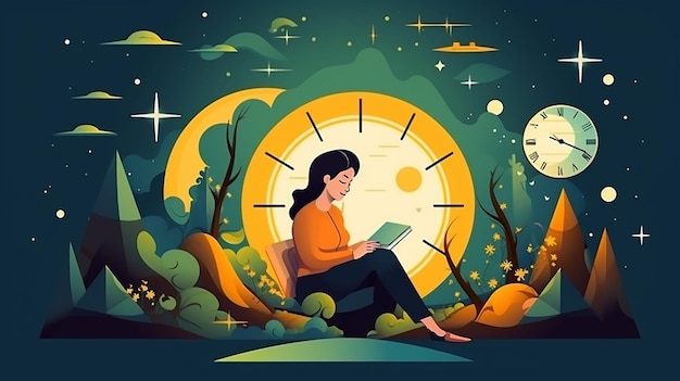 a girl sits in a circle with the moon behind her.