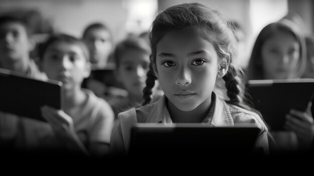 A girl sits in a classroom with a laptop in front of her.