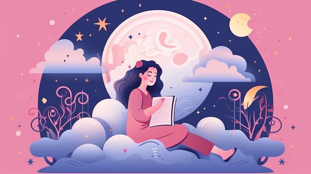 a girl sits on a cloud reading a book.