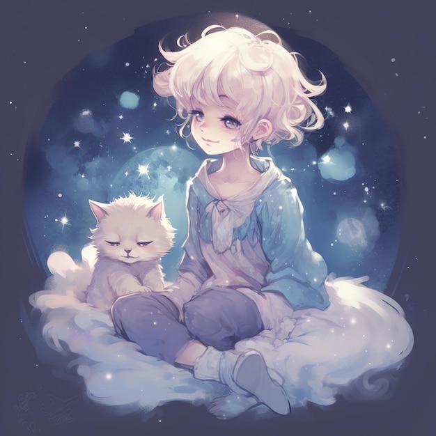 A girl sits on a cloud with a cat on it