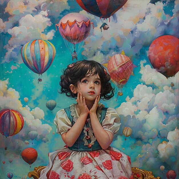 a girl sits in the clouds with balloons in the background