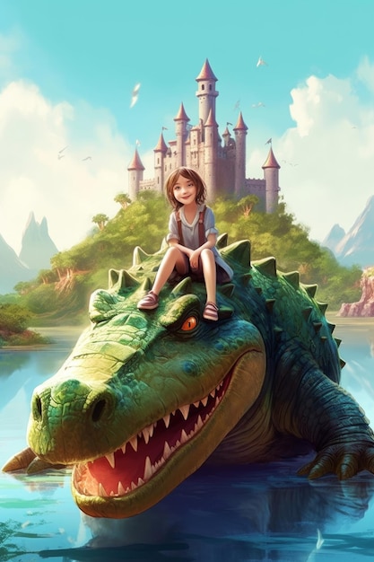 A girl sits on a crocodile