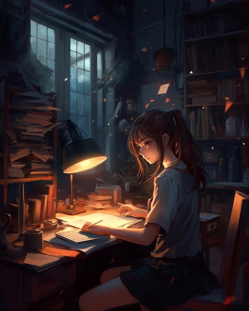 A girl sits at a desk in a dark room, reading a book.