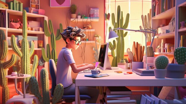 A girl sits at a desk in front of a cactus.