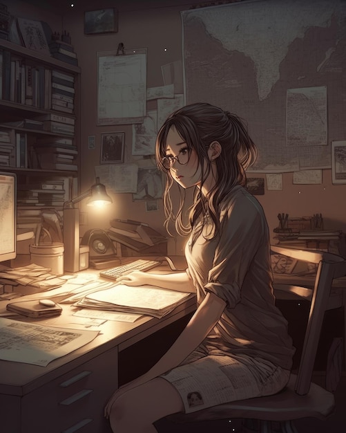 A girl sits at a desk in front of a map of japan.