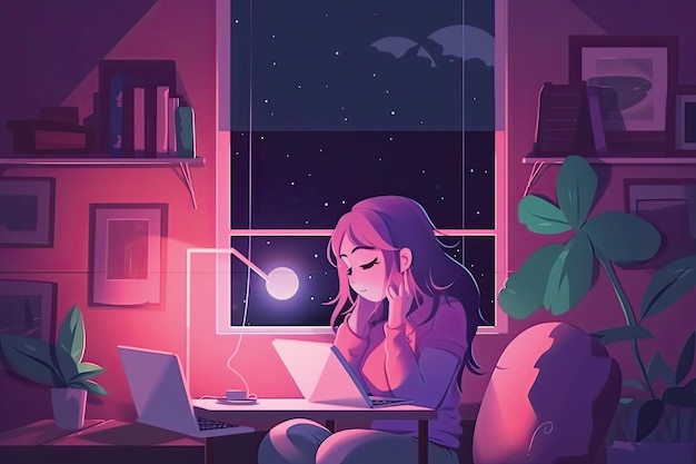 A girl sits at a desk in front of a window with a glowing moon and a bat on the wall.